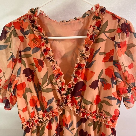 Women's Medium Orange Floral V-Neck Maxi Dress - Picture 4 of 11